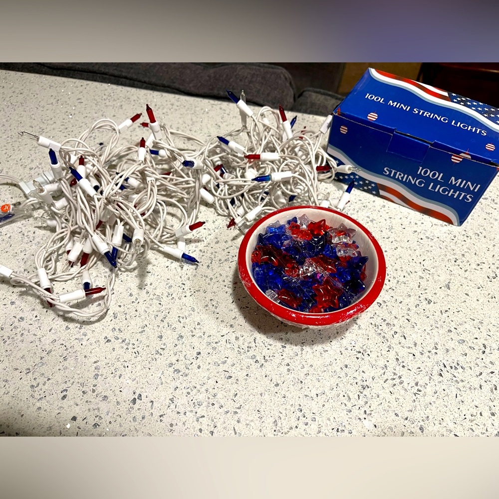 Patriotic Decor - Never Used - Red Star Bowl - String of 100 Lights -Small Stars